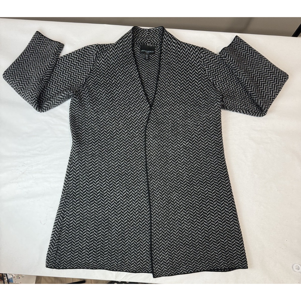 Cynthia Rowley Wool Blend Open Front Cardigan Sweater Herringbone Gray Black 1X